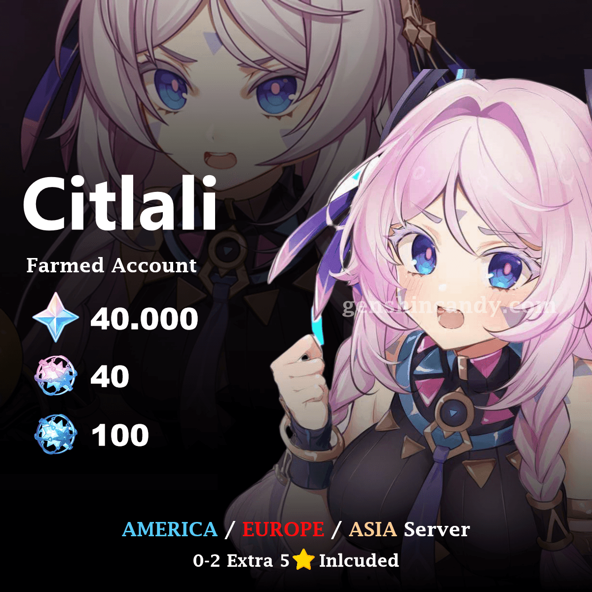 Citlali Genshin Impact reroll account promo with anime character, Primogems, and server details