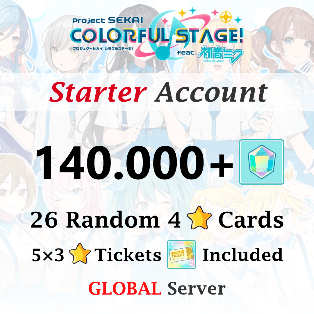 Project Sekai Colorful Stage starter account offer, 140000 crystals, 26 random 4-star cards, global server