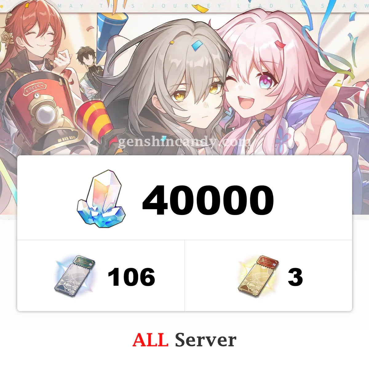Honkai Star Rail reroll account with 40000 Stellar Jade, 106 passes, 3 tickets for all servers
