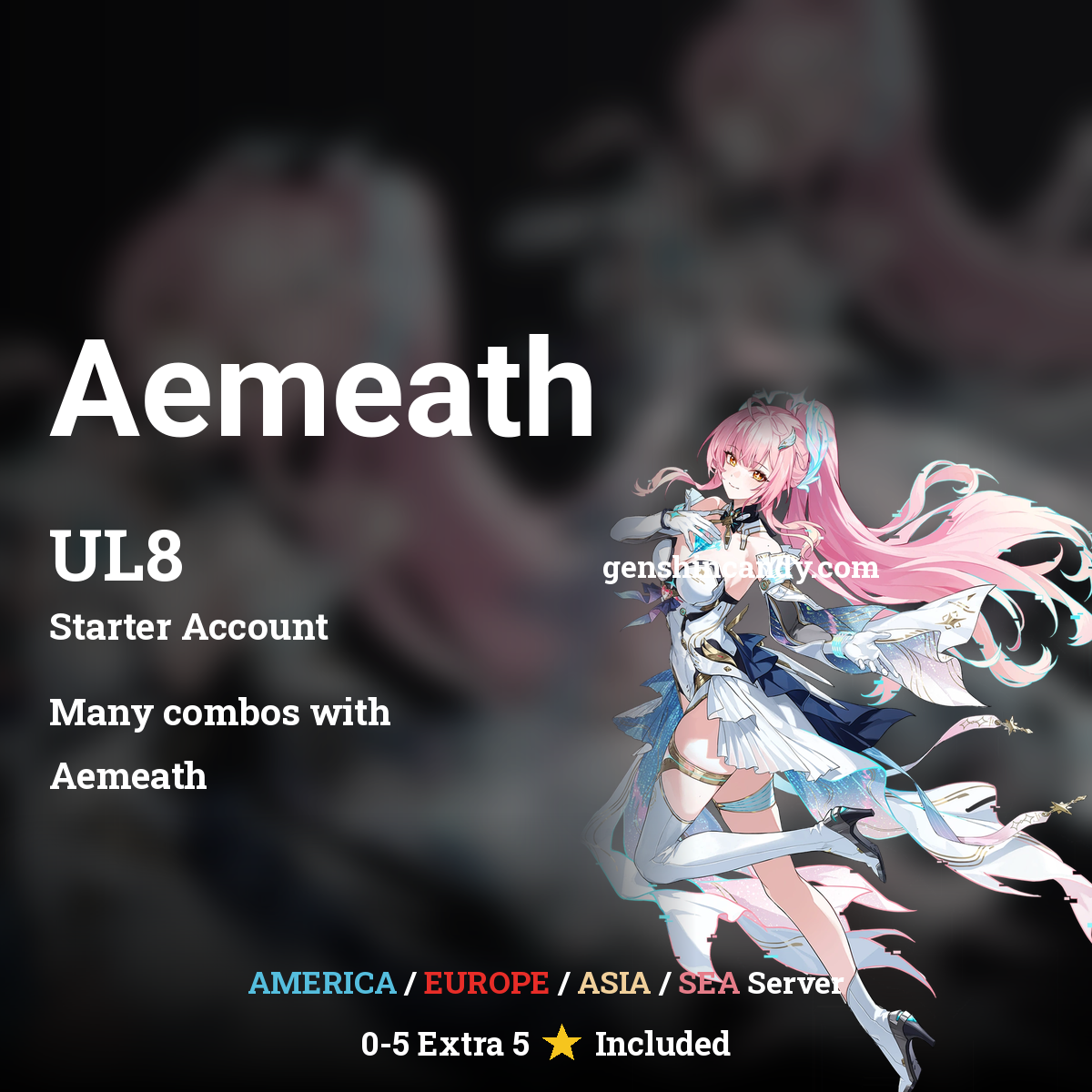Wuthering Waves Aemeath starter account banner - UL8 limited 5-star Resonator account with America, Europe, Asia and SEA server options.