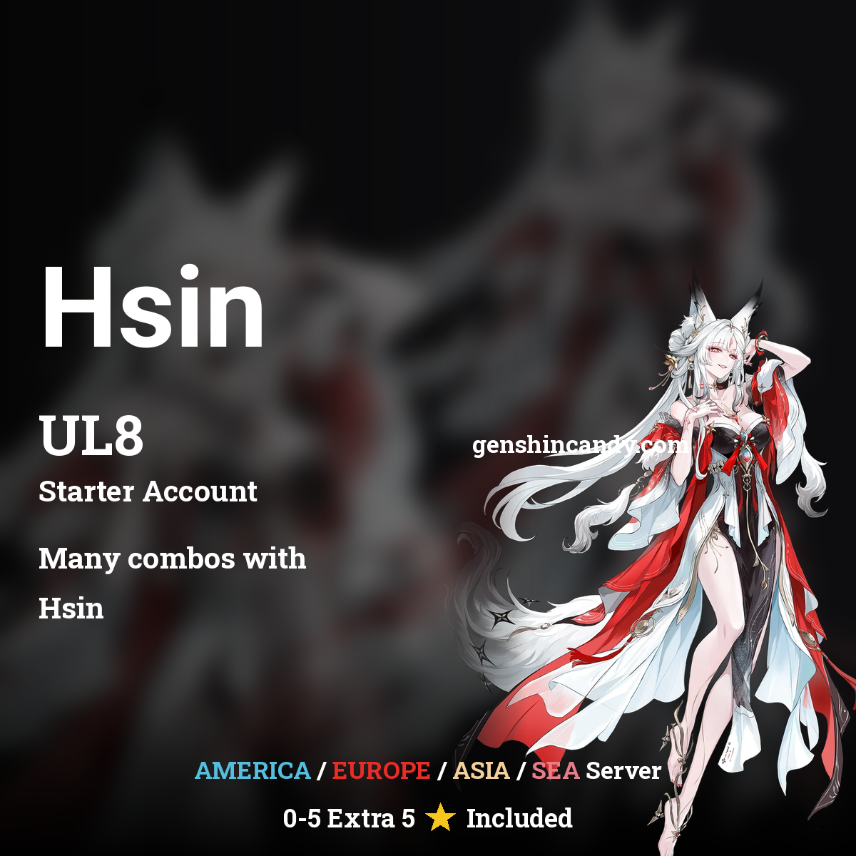 Wuthering Waves Hsin starter account banner - UL8 limited 5-star Resonator account with America, Europe, Asia and SEA server options.