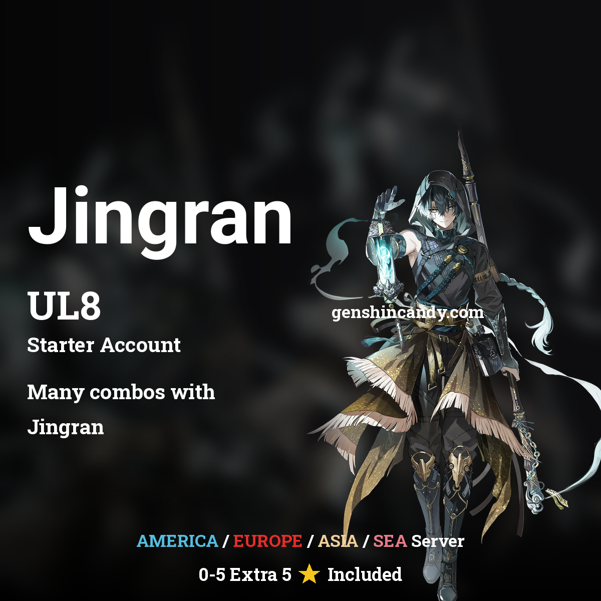 Wuthering Waves Jingran starter account banner - UL8 limited 5-star Resonator account with America, Europe, Asia and SEA server options.