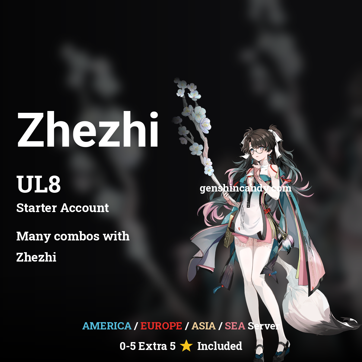Wuthering Waves Zhezhi starter account banner - UL8 limited 5-star Resonator account with America, Europe, Asia and SEA server options.
