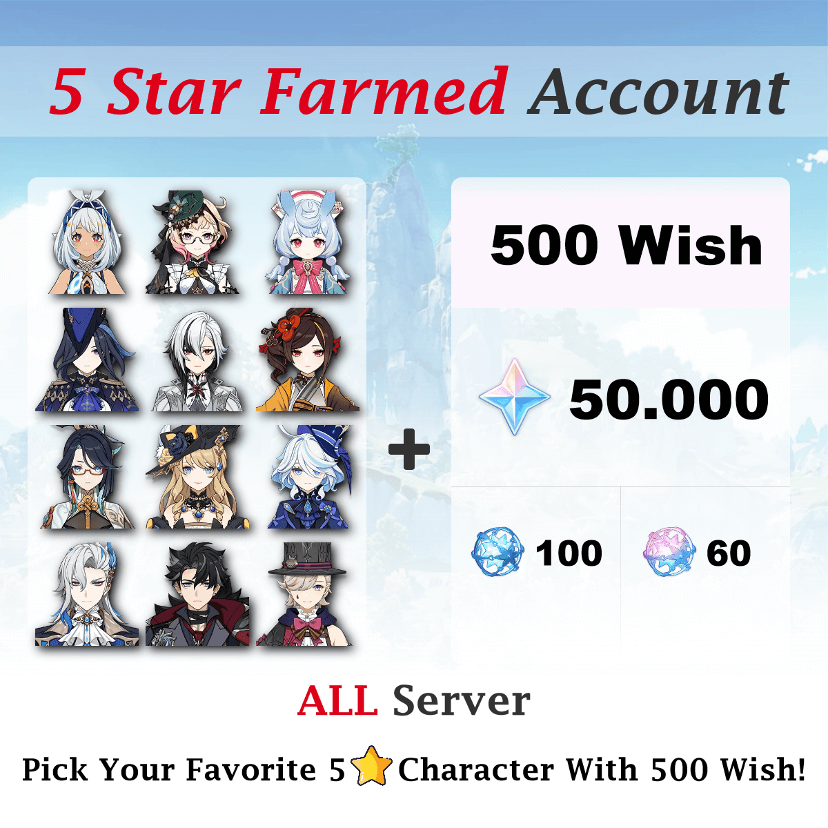 Genshin Farmed Account 5 Star Character with Primogems and Fates For