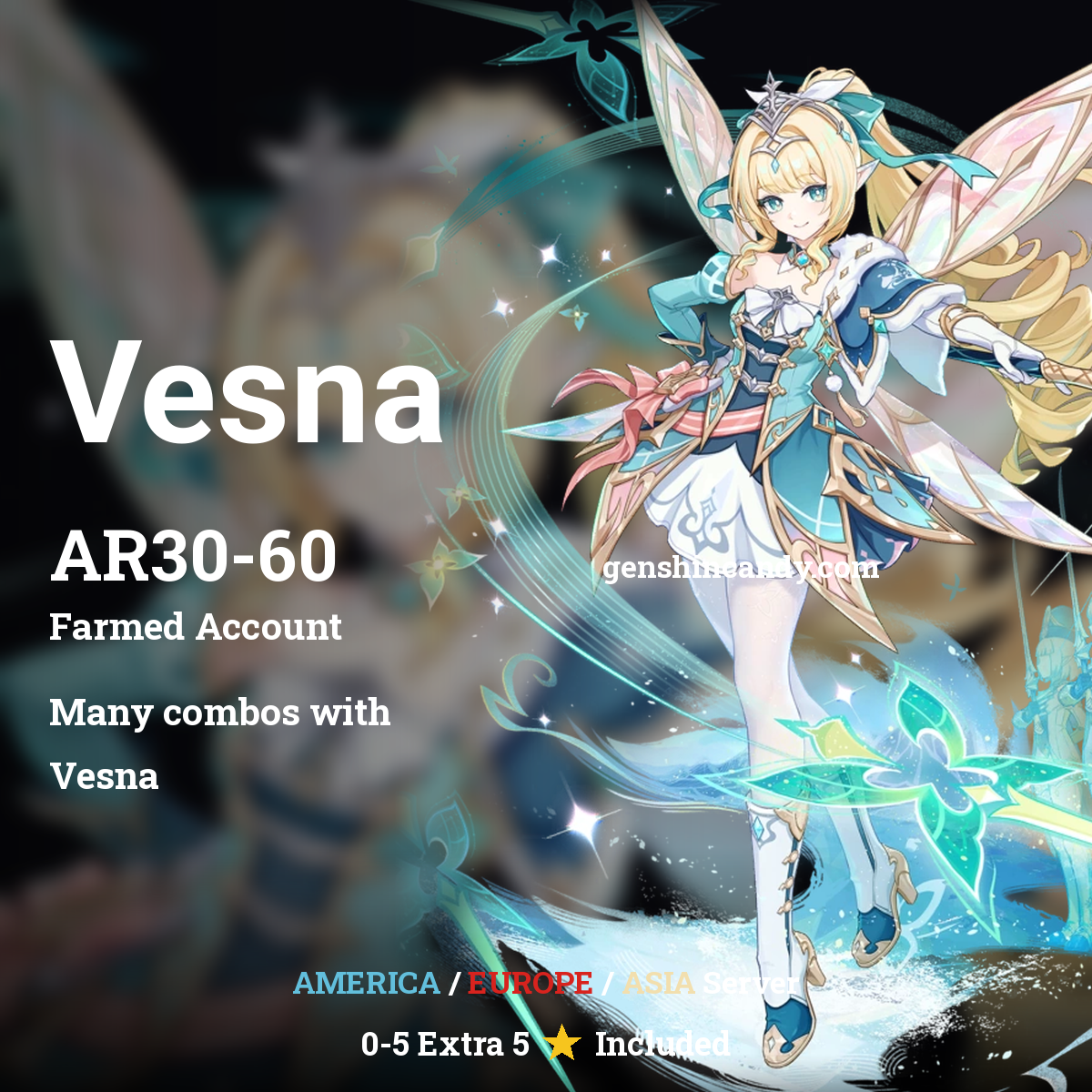 Genshin Impact Vesna midgame account promo with anime girl in white and teal dress, AR30-60, multi-server options.