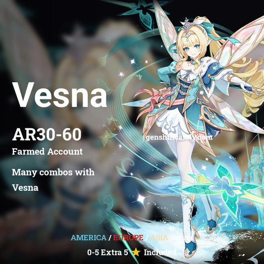 Genshin Impact Vesna midgame account promo with anime girl in white and teal dress, AR30-60, multi-server options.