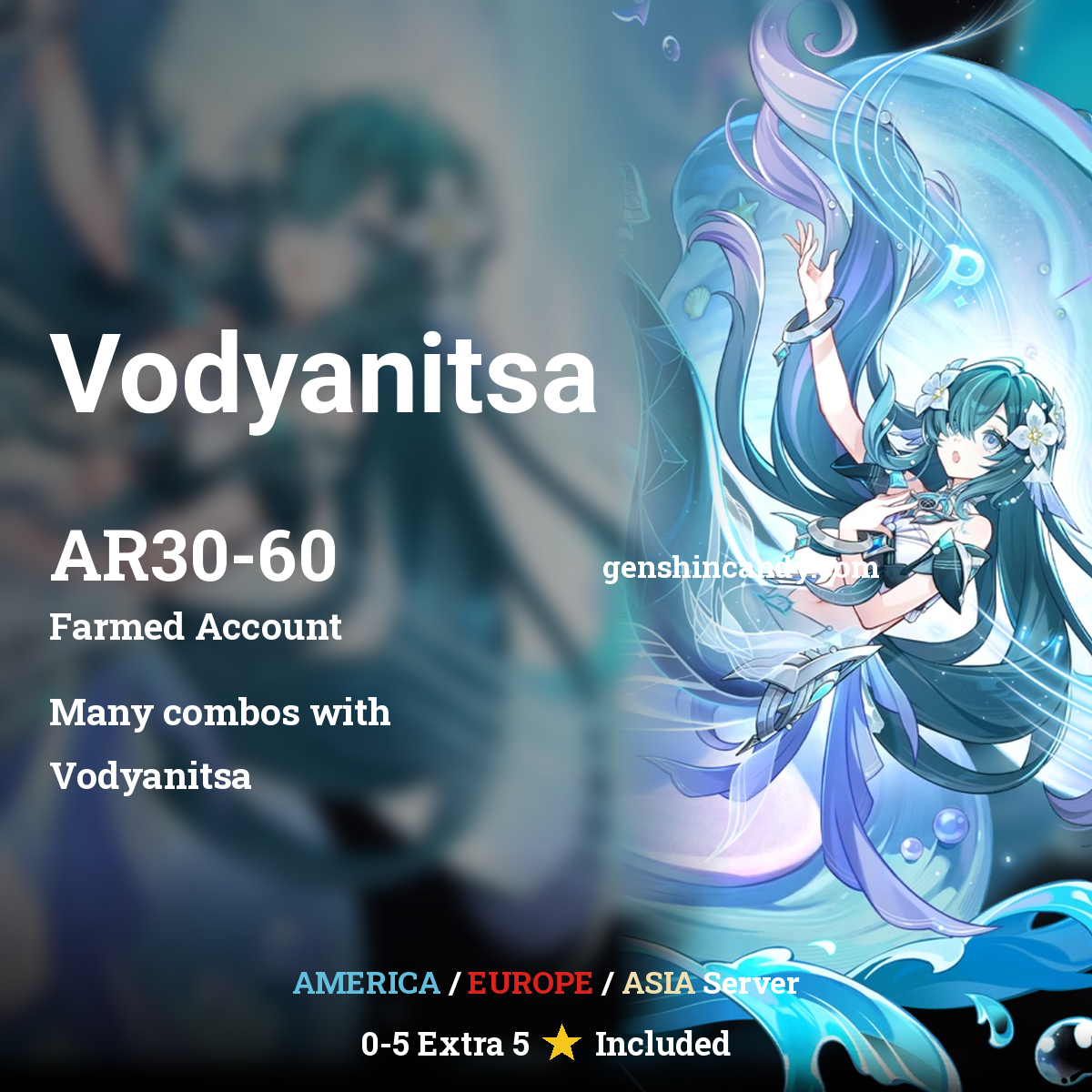 Genshin Impact Vodyanitsa midgame account promo featuring water-themed character art, AR30-60, multi-server options.