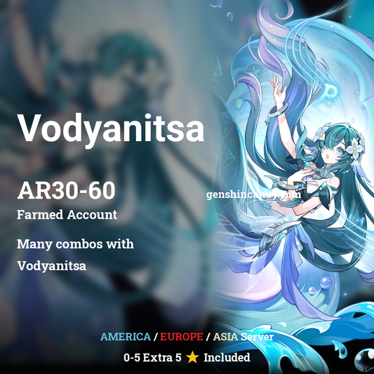 Genshin Impact Vodyanitsa midgame account promo featuring water-themed character art, AR30-60, multi-server options.