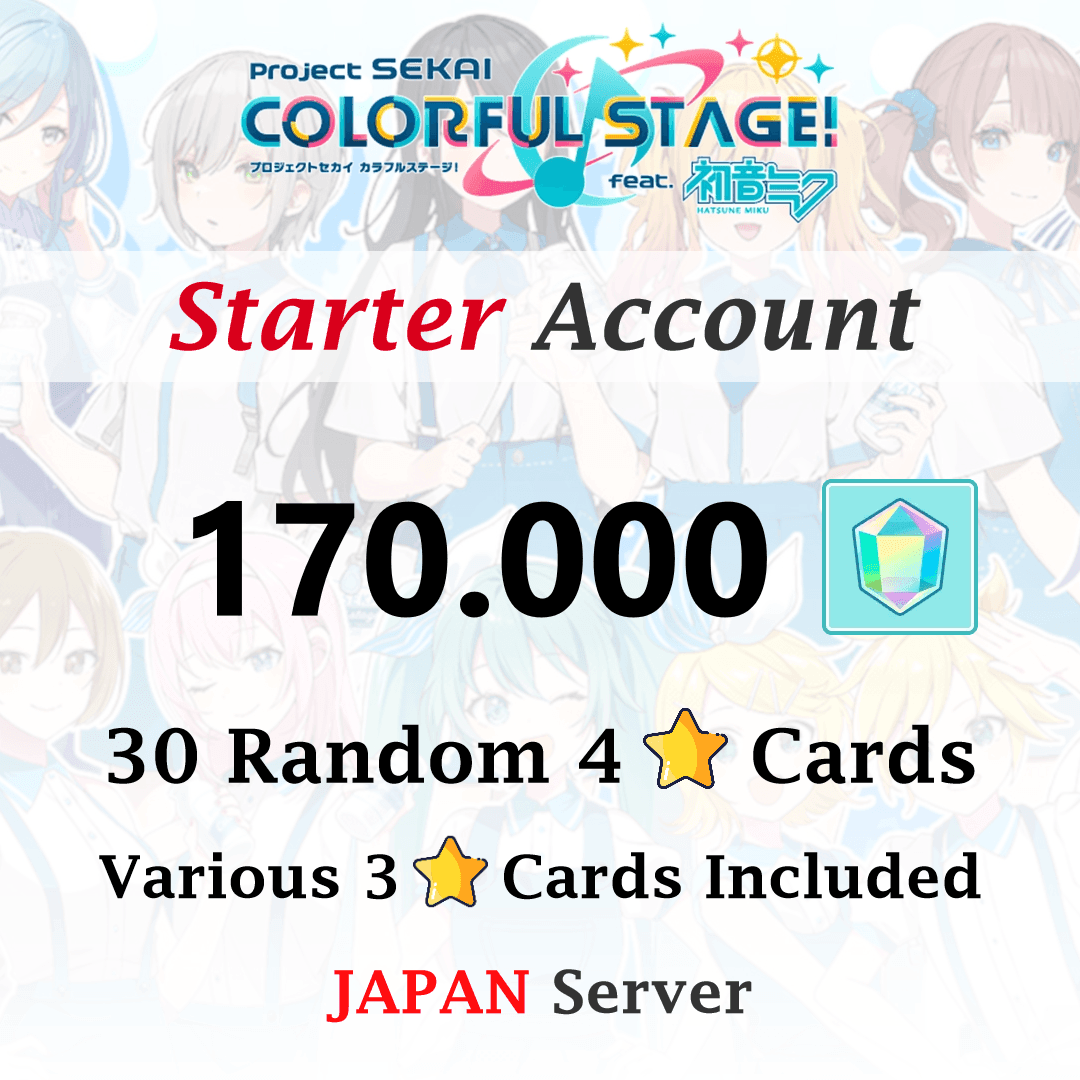 Project Sekai Colorful Stage Japan server starter account with 170000 gems, 30 random 4-star cards, anime characters in background