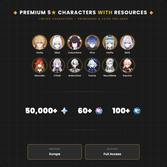 Genshin Impact Reroll Account 50,000+ Primogems 60+ Intertwined Fates Premium 5-Star Characters Full Access Europe EU Server